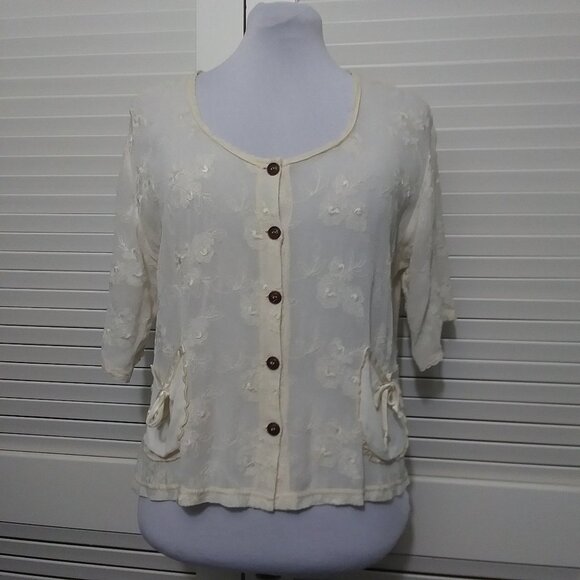 Nooshin Tops - Nooshin Femme Top Vintage Look Cream Embroidered Blouse Boho Hippie Womens Med